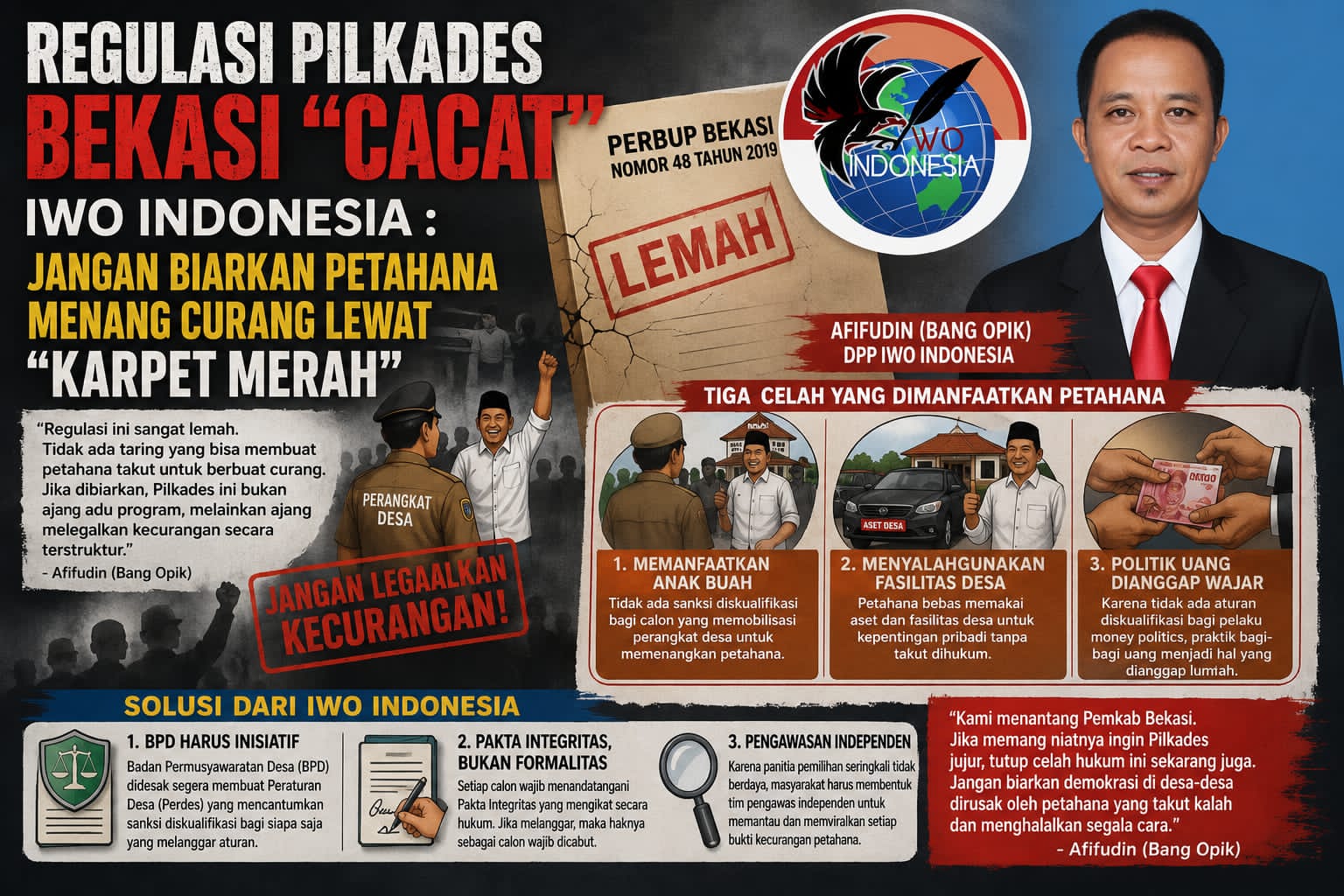Regulasi Pilkades Bekasi "Cacat", IWO Indonesia : Jangan Biarkan Petahana Menang Curang Lewat "Karpet Merah"